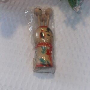 Asian Oriental Wooden Japanese Kokeshi Doll Floral MiniHairChopsticks Pin Holder
